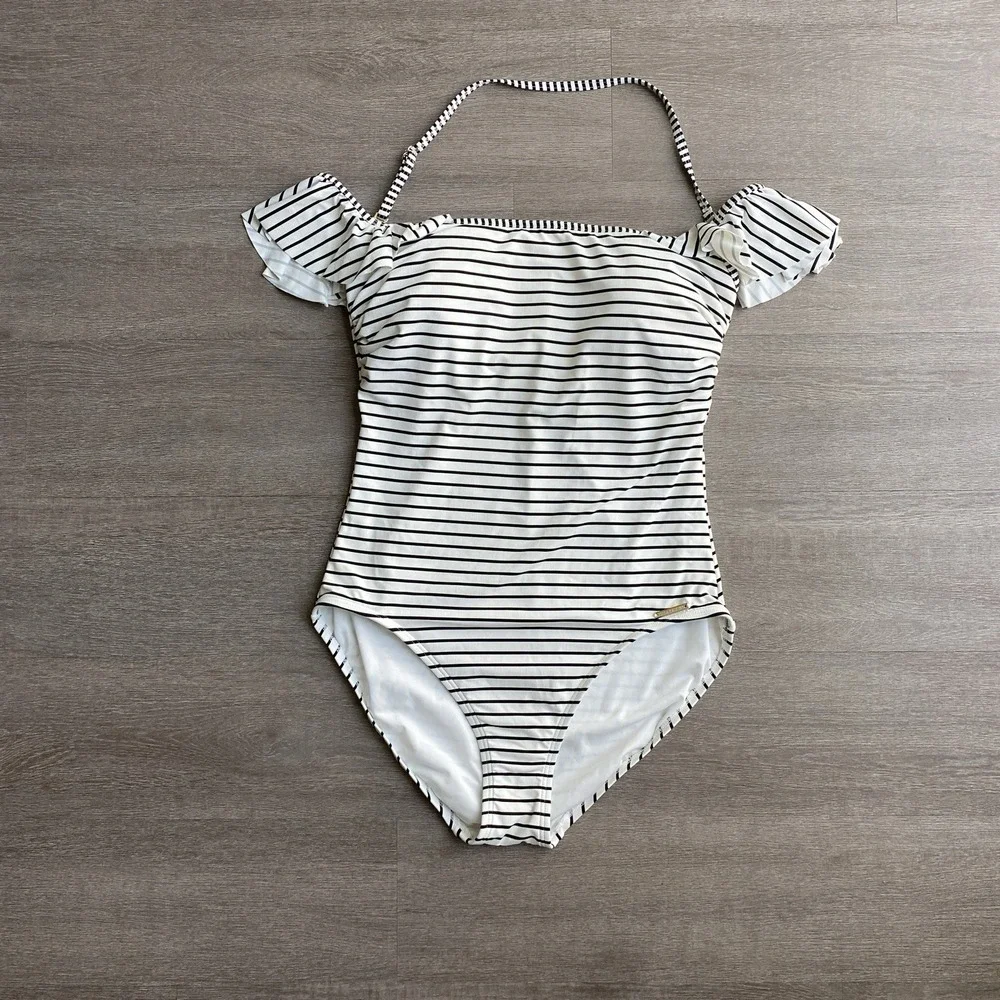 Vince Camuto Off The Shoulder Ruffle Striped One Piece‎ Swimsuit Size 14 1397